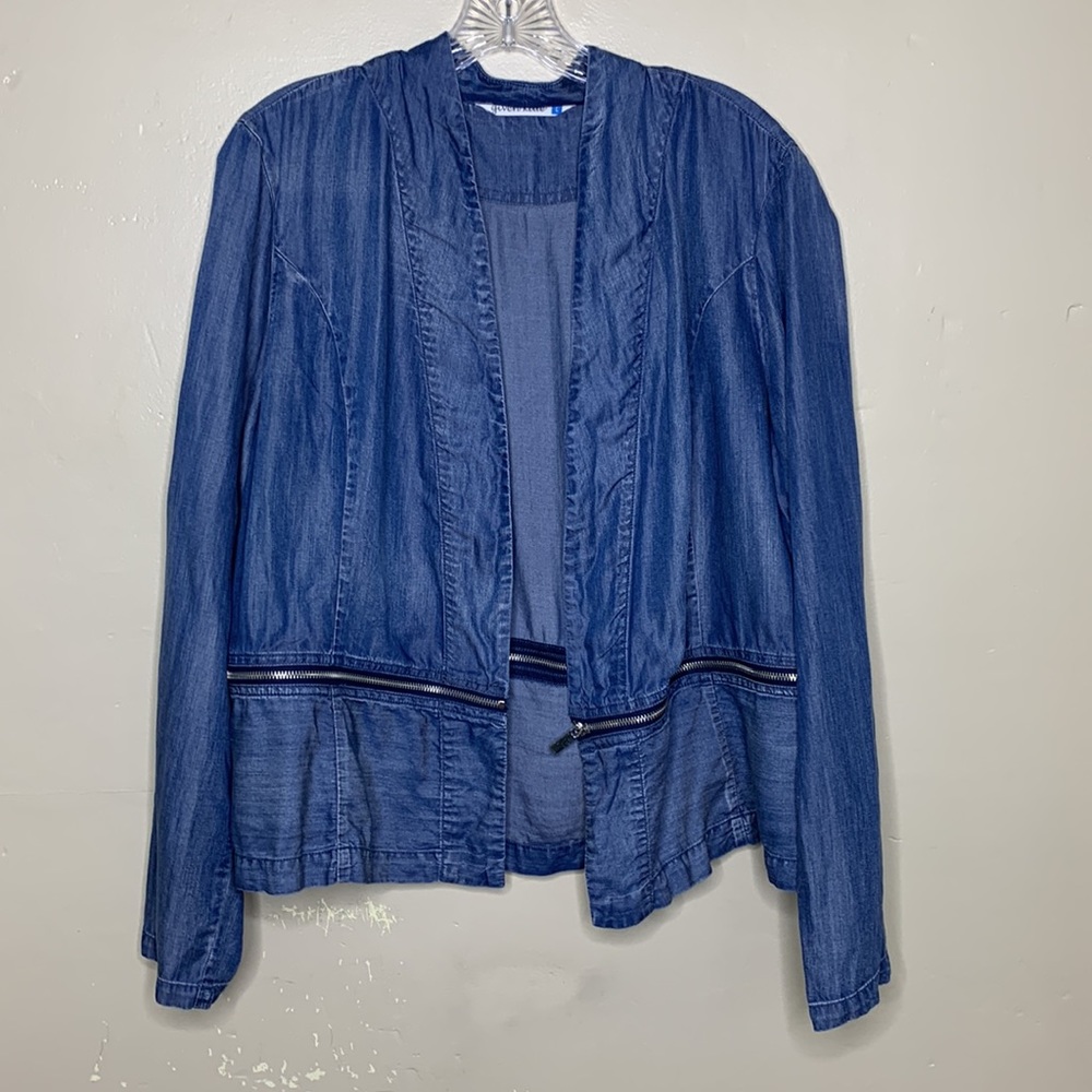 GIVEN KALE Blazer Blue Chambray Tencel Zipper Peplum Open Front Lightweight Lg